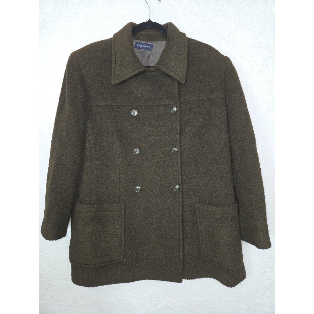 Vintage Anne Klein II Wool Alpaca Coat Womens Large Brown Peacoat 90s